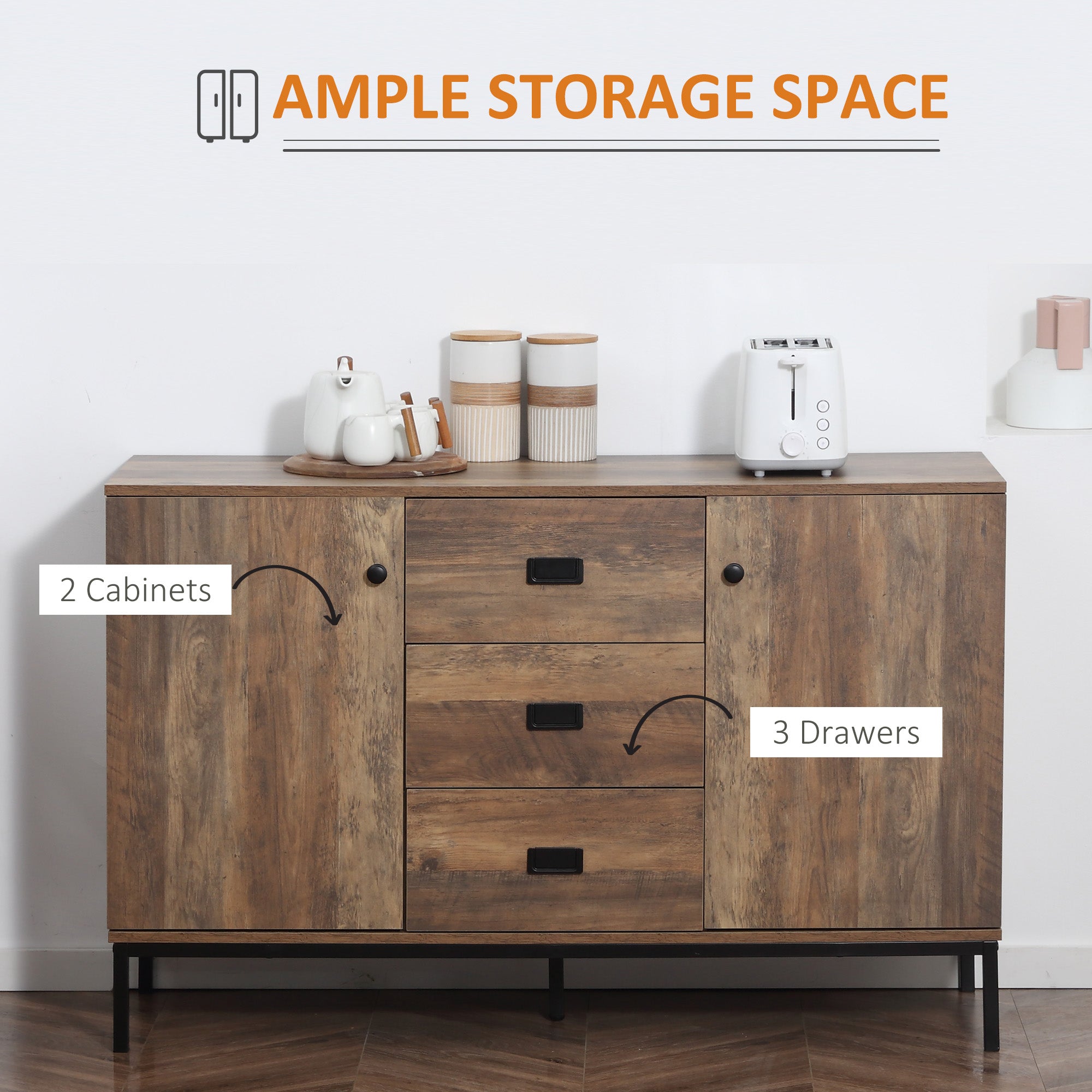 HOMCOM Industrial Sideboard with 3 Drawers, Storage Cabinet, Accent Cupboard with 2 Doors and Adjustable Shelves for Kitchen, Dining Room, Living Room, Distressed Brown